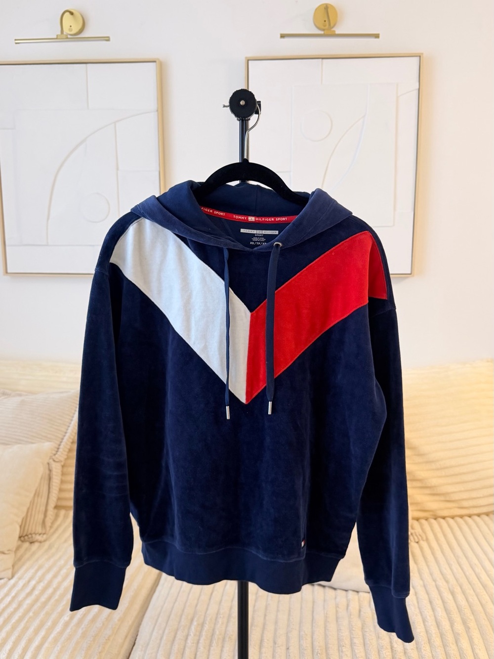 Tommy Hilfiger Sport Velour Colorblock Hoodie Navy Red White XS